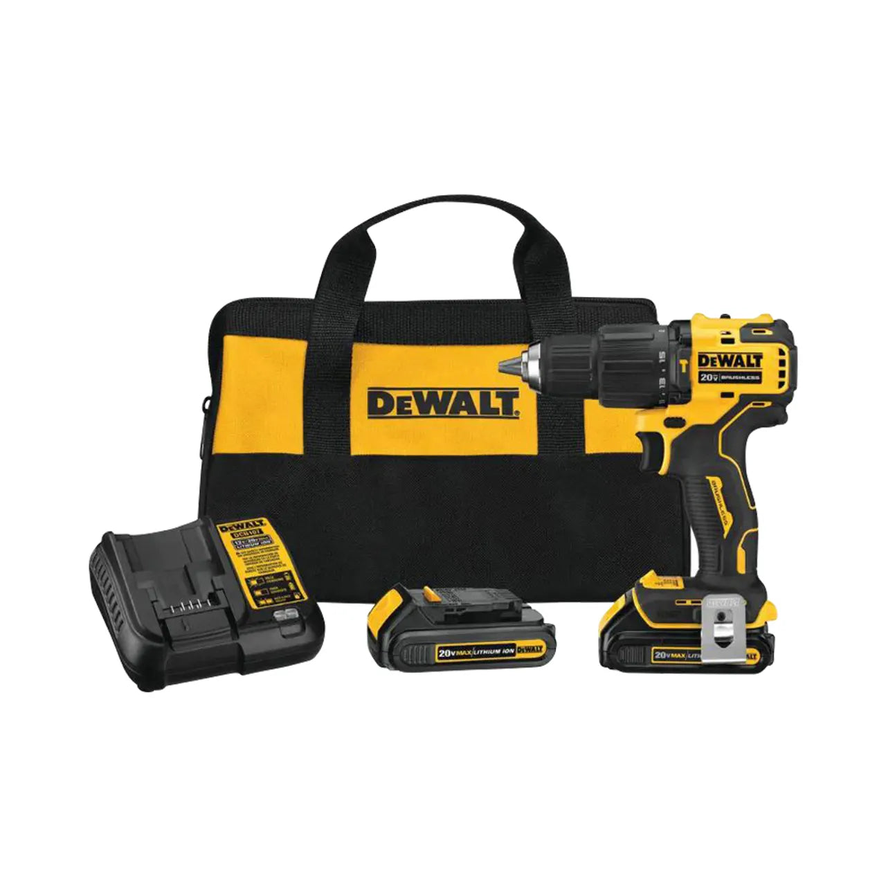 A Go Build ATOMIC 20V MAX Cordless Brushless Compact 1/2 in. Hammer Drill set with two batteries, a charger, and a black carrying bag featuring the yellow Go Build logo.